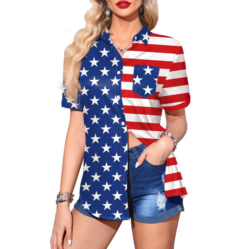Patriotic Button Down Shirt America Flag Graphic T-Shirt Short Sleeve Clothes
